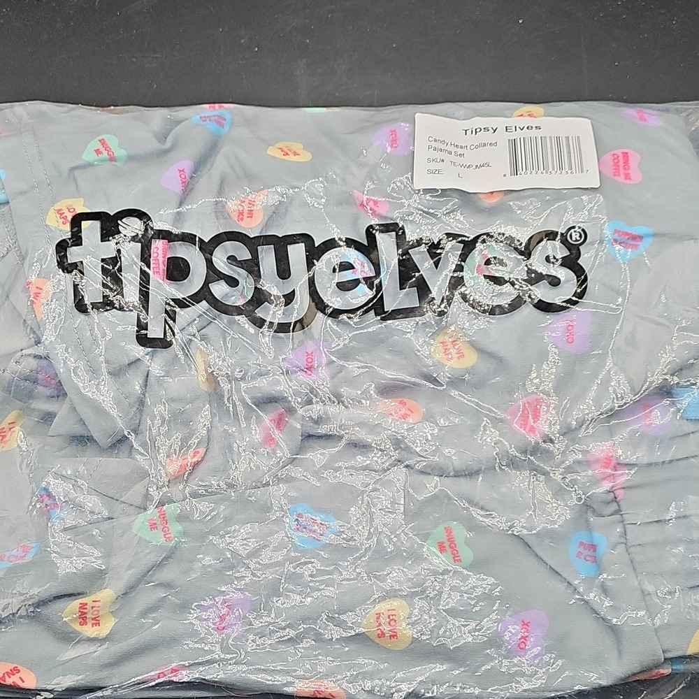 Tipsy Elves Candy Heart Collared Pajama Set Blue Valentines Day Large TE-VWPJM45
